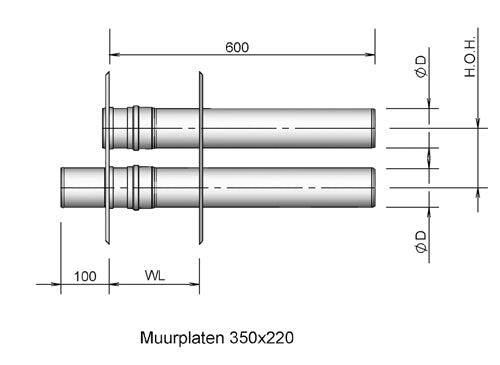 Burgerhout Muurdoorvoer 2-pijps 80/80 453881 lijntekening 02 Gratis verzending door heel Nederland vanaf €150,- in de btw Nergens goedkoper te krijgen dan bij ons. | CVketel.nl