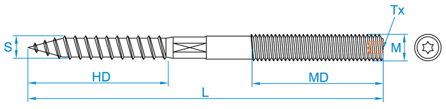 FIS® Stokeind van verzinkt staal - M8x140 Torx 25 18008701 technische tekening | CVketel.nl